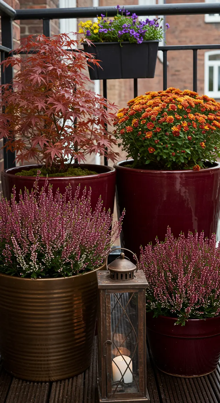 Balcon avec des pots bordeaux et bronze, érable japonais et bruyères, avec une lanterne.