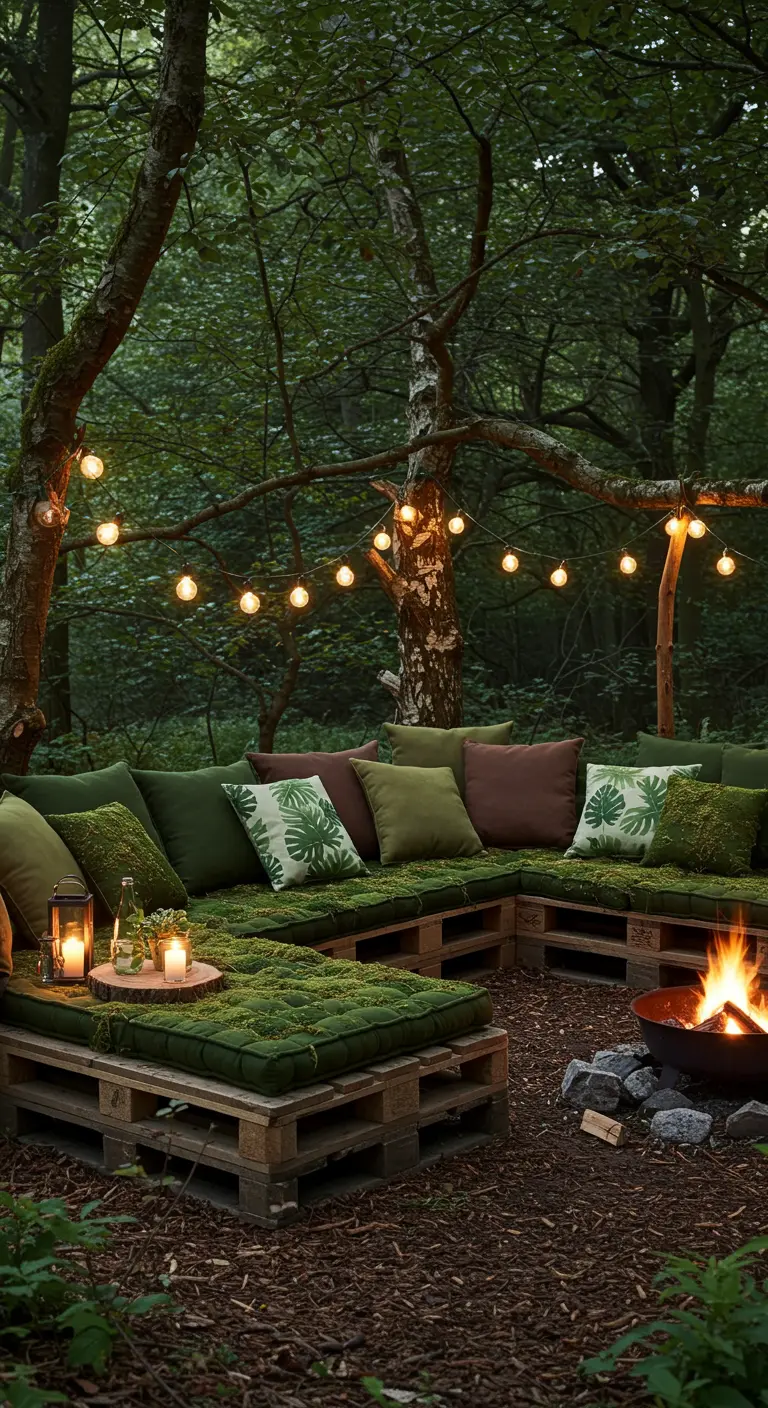 Salon en palettes avec coussins verts mousse, sous les arbres, avec brasero et guirlandes lumineuses.