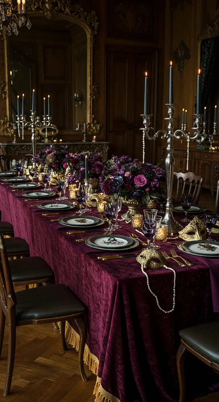 Table de bal masqué avec nappe velours bordeaux, fleurs sombres, chandeliers argentés et masques.