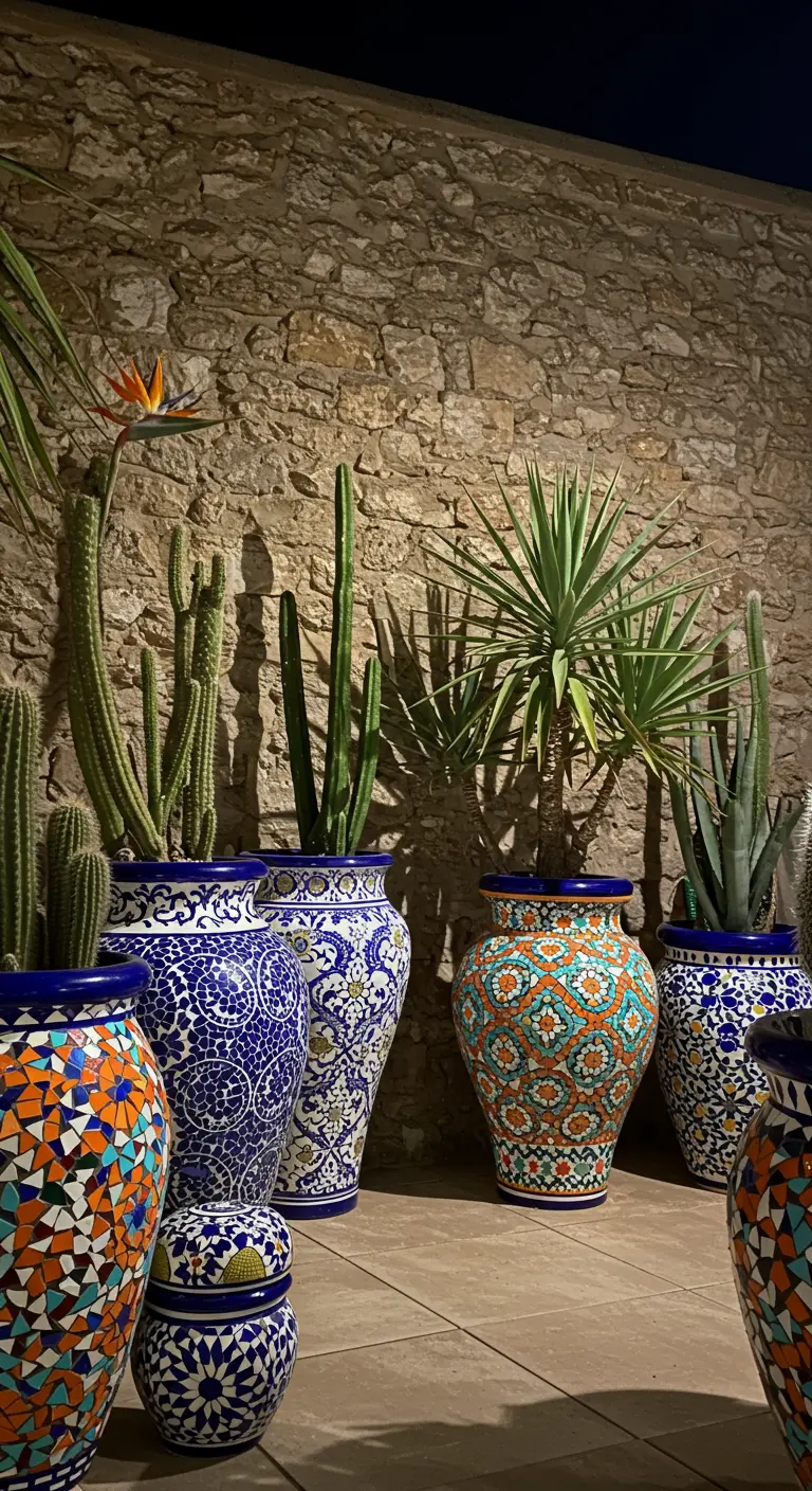 Mur de pierre texturé, grands pots mosaïque de style marocain avec cactus et succulentes variées.