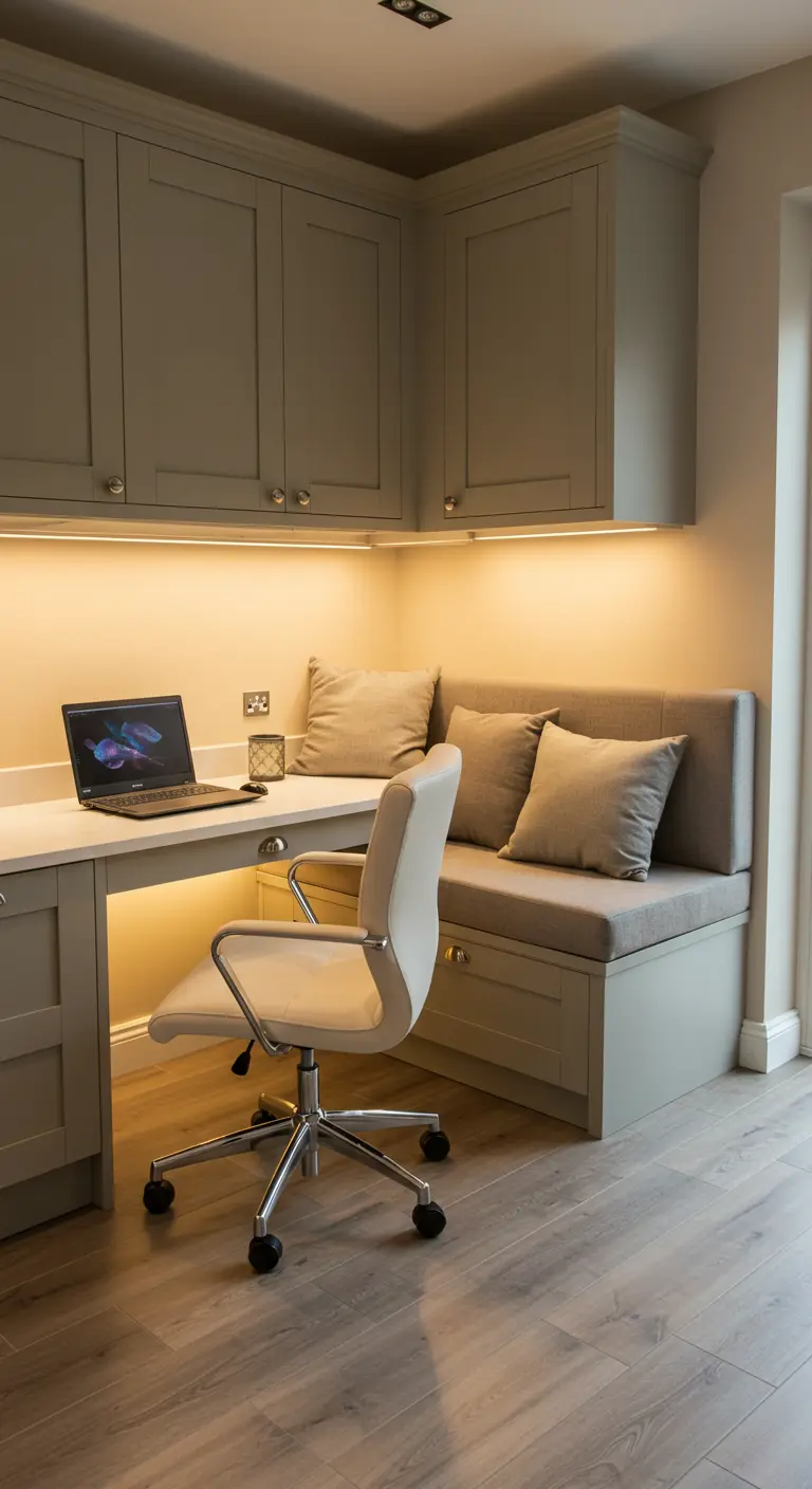 Niche bureau et banquette intégrée grise avec éclairage LED et coussins moelleux.