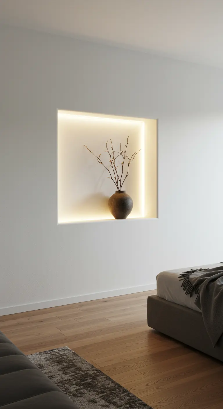 Niche murale rétroéclairée par des LED, mettant en scène un vase avec des branches.