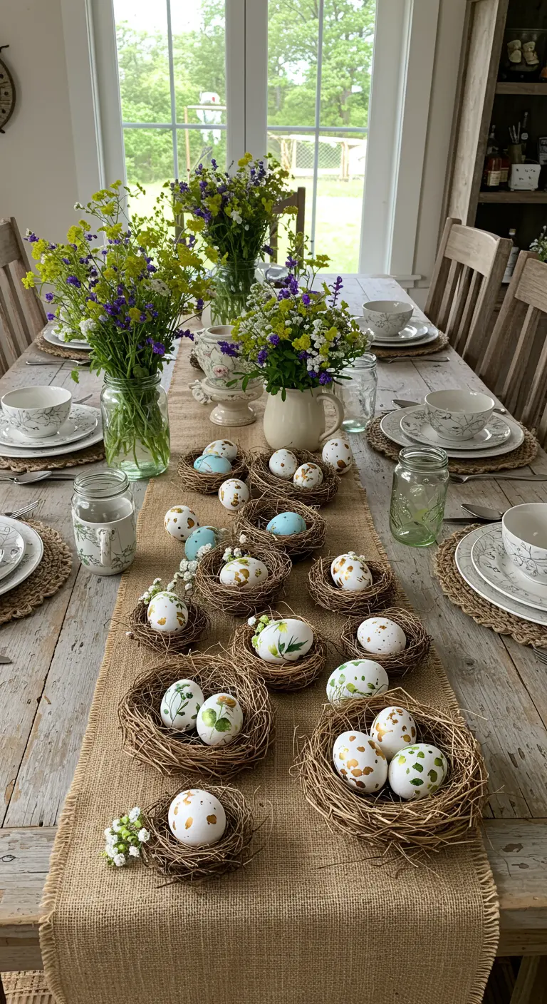 Table rustique avec nids d'oiseaux remplis d'œufs décorés et fleurs printanières.