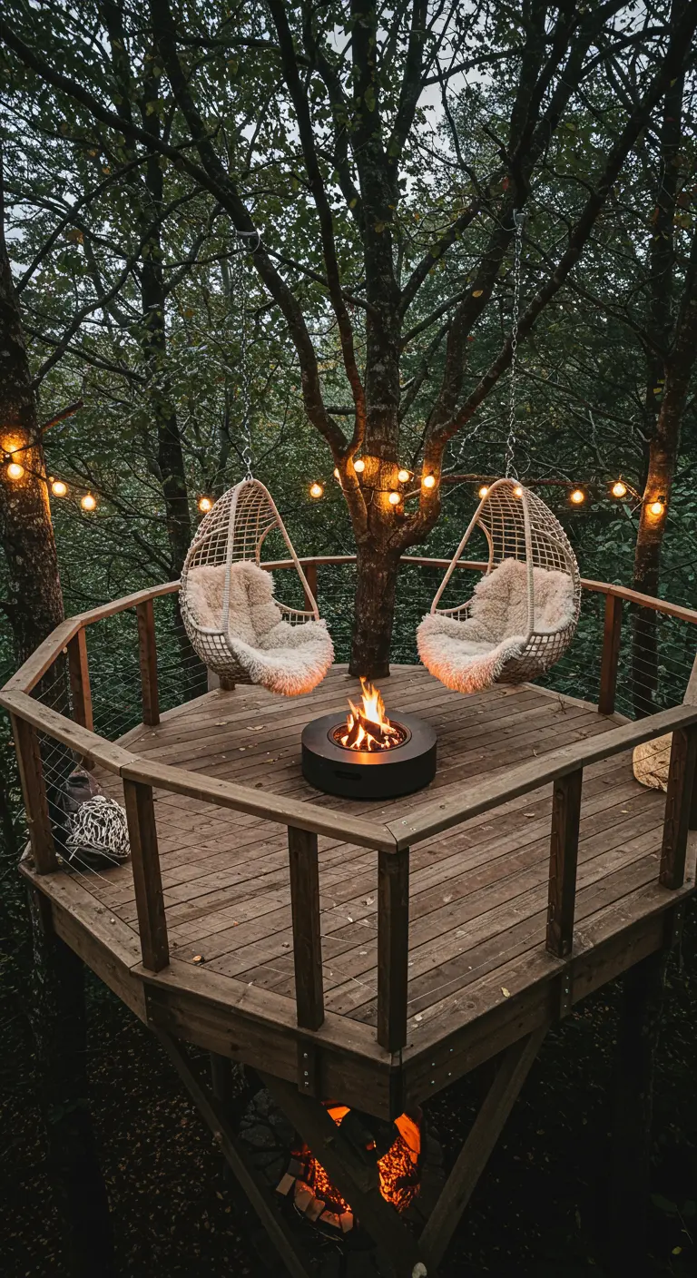 Plateforme en bois dans les arbres avec brasero, chaises suspendues en rotin et fourrure, guirlandes lumineuses.