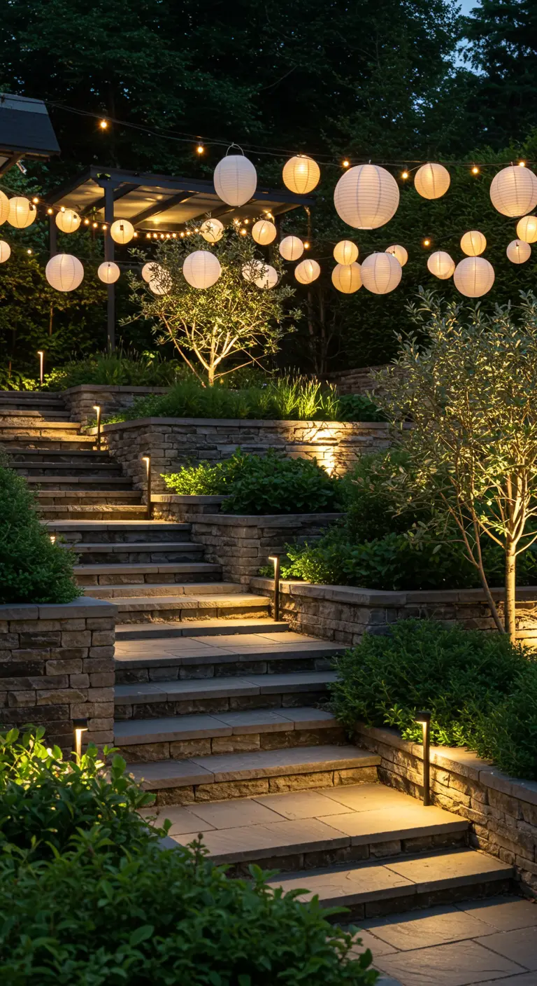 Jardin en terrasses avec escaliers éclairés, lampions et guirlandes lumineuses.