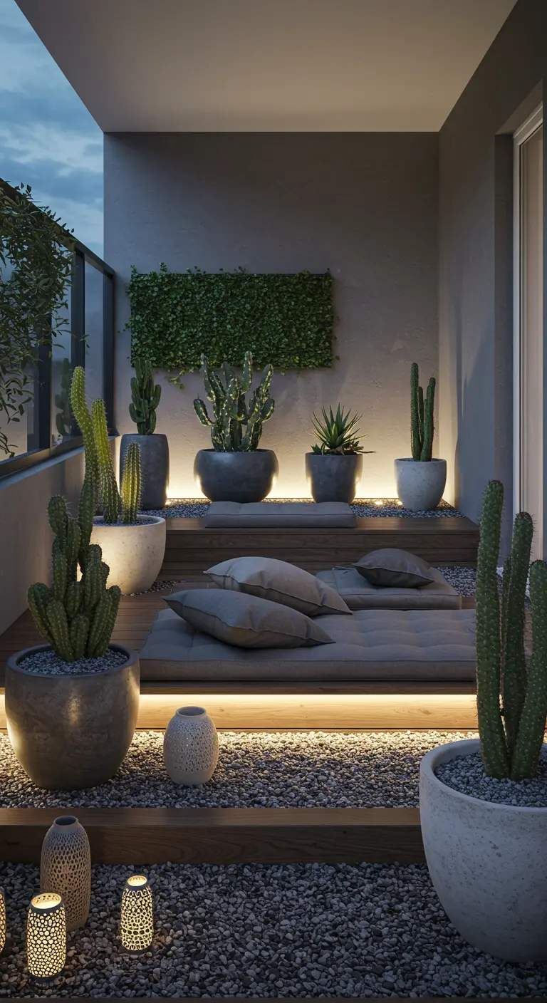 Balcon multi-niveaux avec cactus en pots, graviers, coussins et éclairage ambiant.