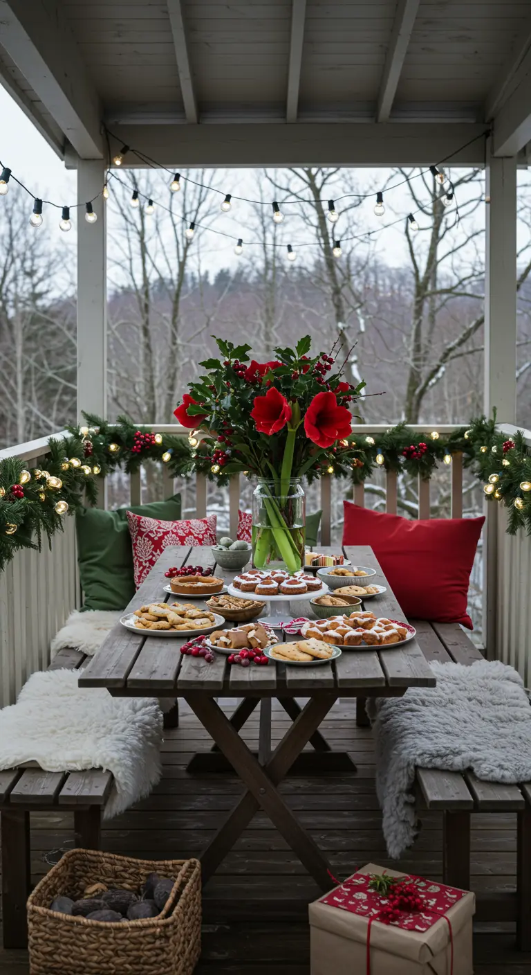 Terrasse de Noël avec amaryllis rouges, guirlandes lumineuses, coussins rouges et assortiment de biscuits.