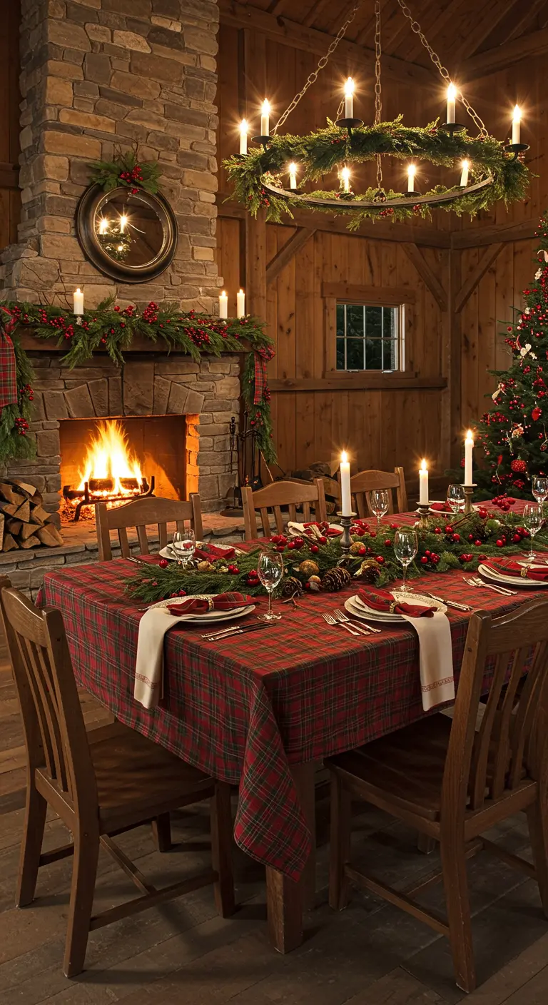 Intérieur rustique décoré pour Noël avec nappe écossaise, guirlandes et cheminée allumée.