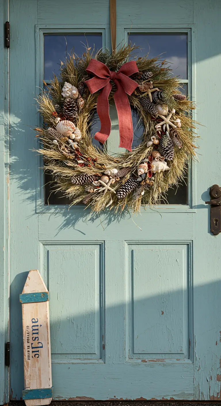 Couronne de foin, coquillages et étoiles de mer avec ruban bordeaux sur porte bleu sarcelle.