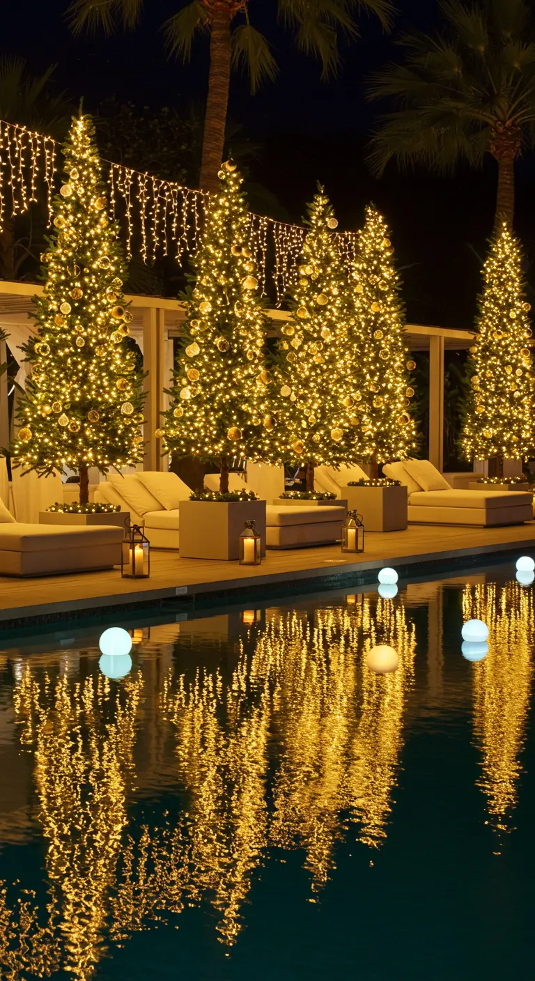 Bord de piscine avec grands sapins de Noël dorés illuminés, palmiers et boules lumineuses flottantes.