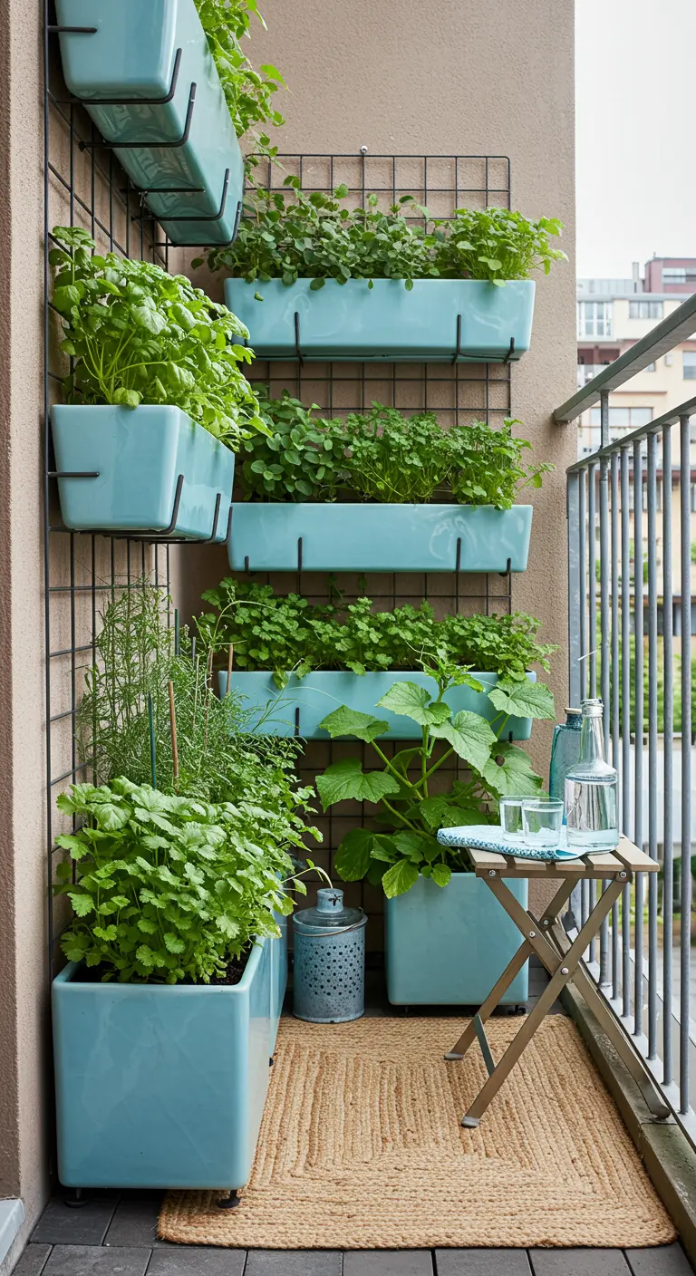 Mur de jardinières modulaires bleu azur avec herbes et courgettes, sur un balcon avec tapis