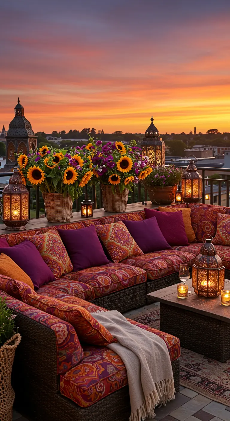Terrasse d'inspiration marocaine avec lanternes en métal, coussins aux motifs vibrants et bouquet de tournesols.