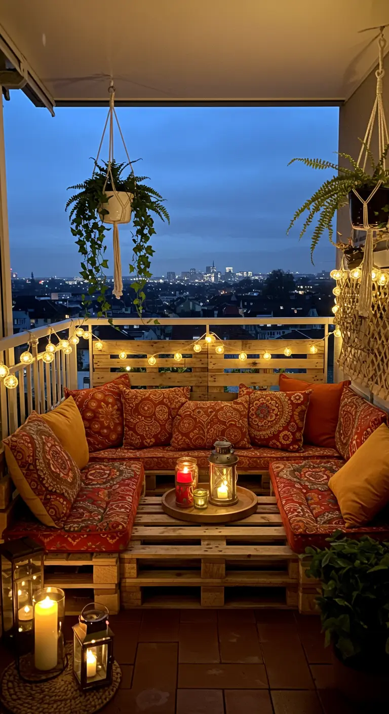 Salon de balcon en palettes brutes, coussins orientaux, lanternes, bougies et plantes suspendues.