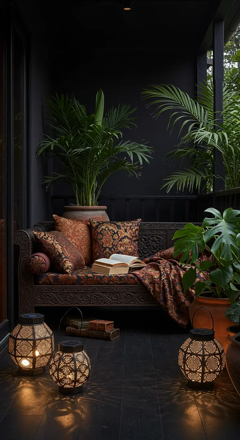 Balcon bohème sombre avec banc en bois sculpté, coussins ethniques, palmiers et lanternes solaires ajourées.