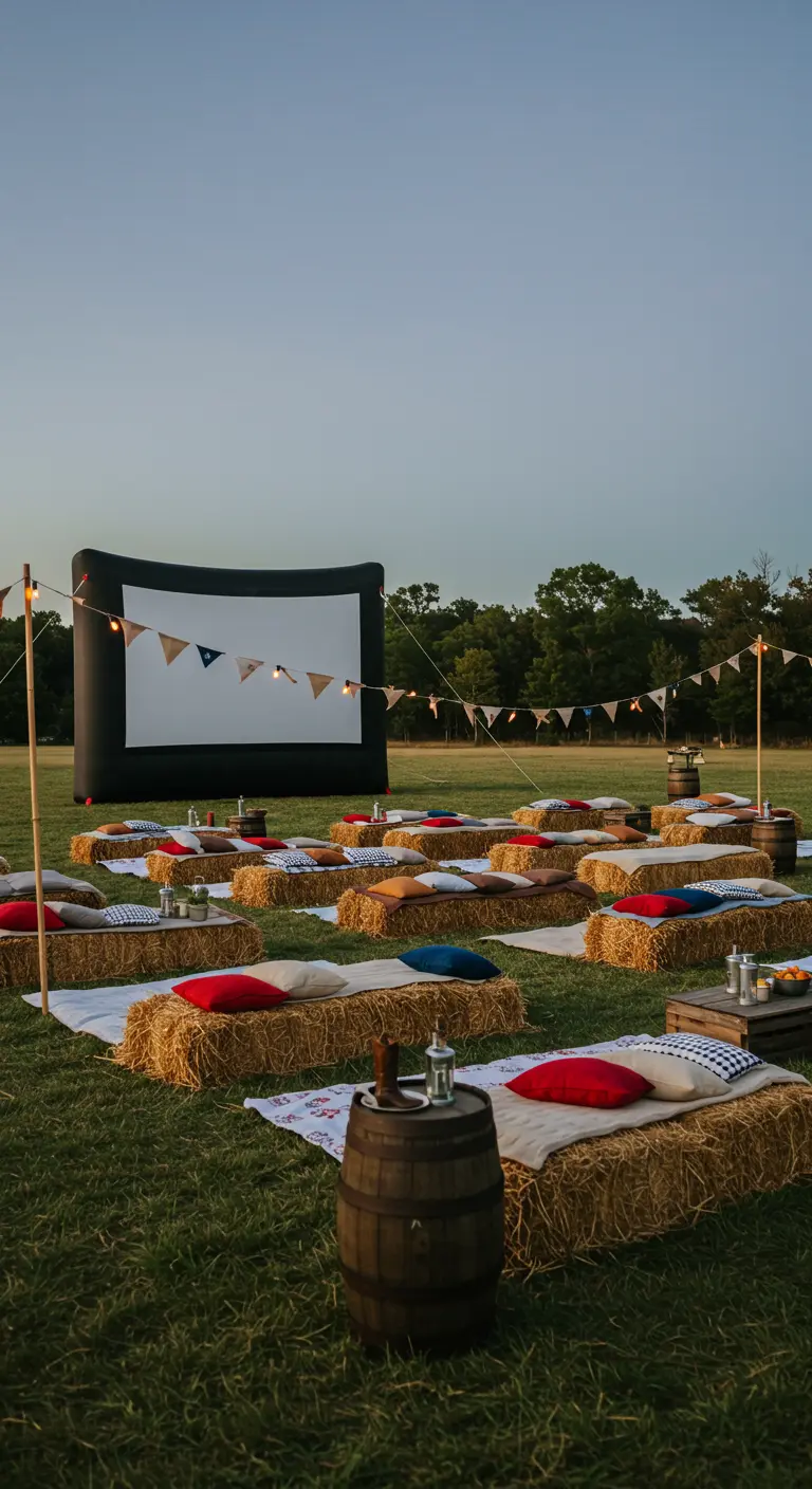 Cinéma en plein air avec grand écran, rangées de bottes de foin avec coussins, tonneaux et guirlande.