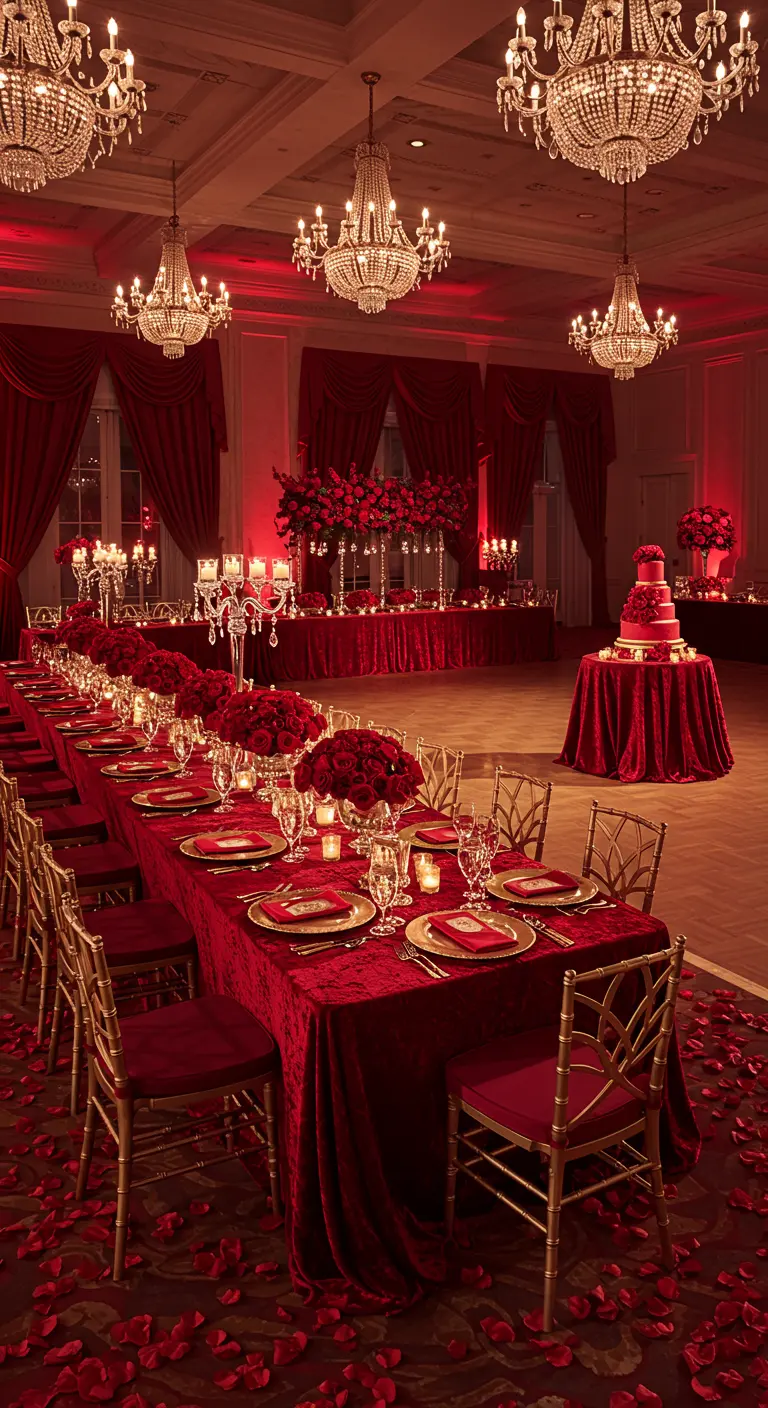 Salle de banquet rouge monochrome avec de grandes tables, centres de table de roses et gâteau rouge.
