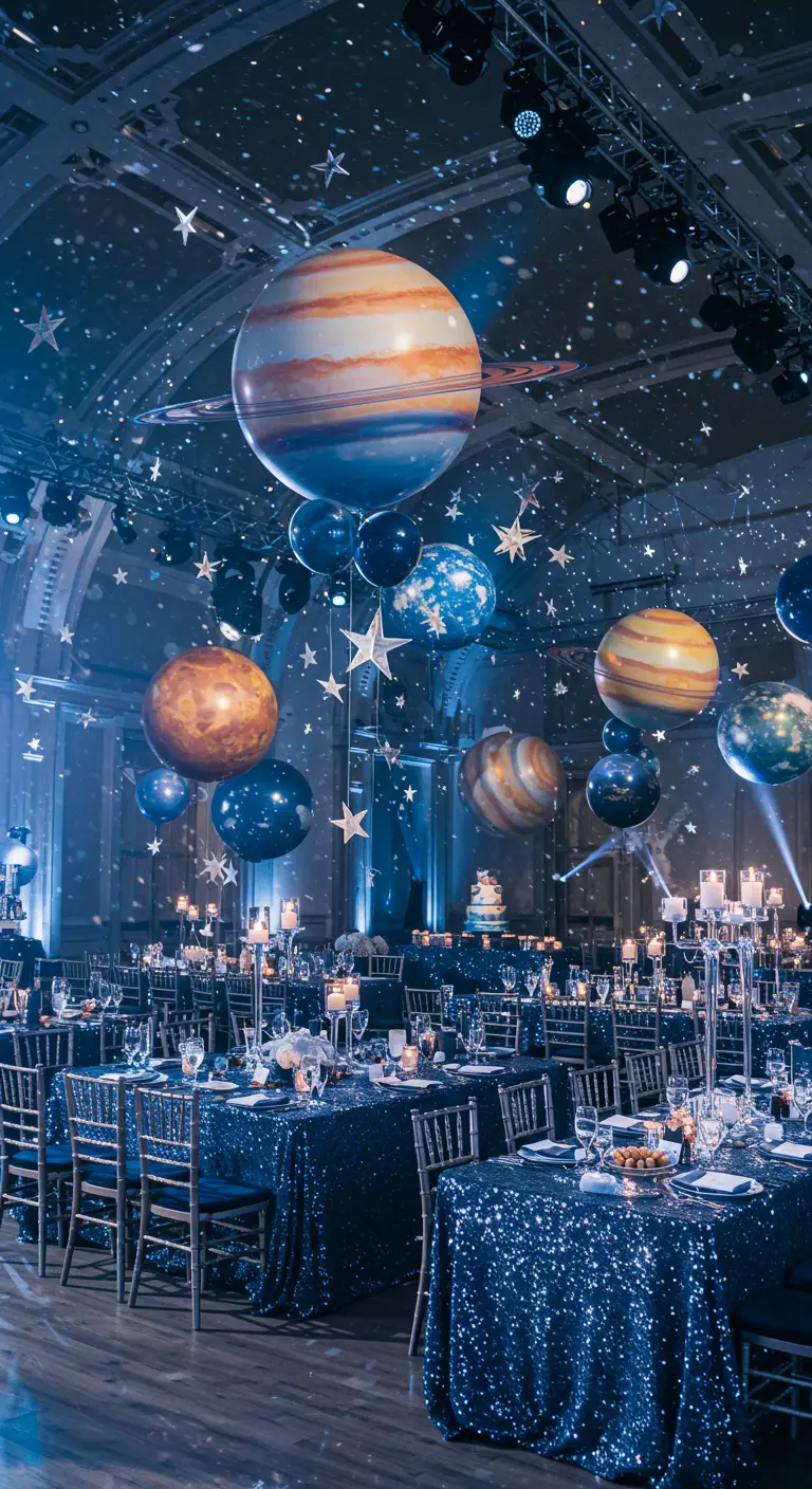 Grande salle de bal décorée de ballons planètes géants, nappes pailletées bleues et étoiles.