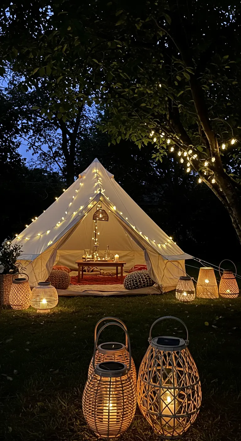 Tente de glamping éclairée par des guirlandes lumineuses et de nombreuses lanternes solaires au sol.