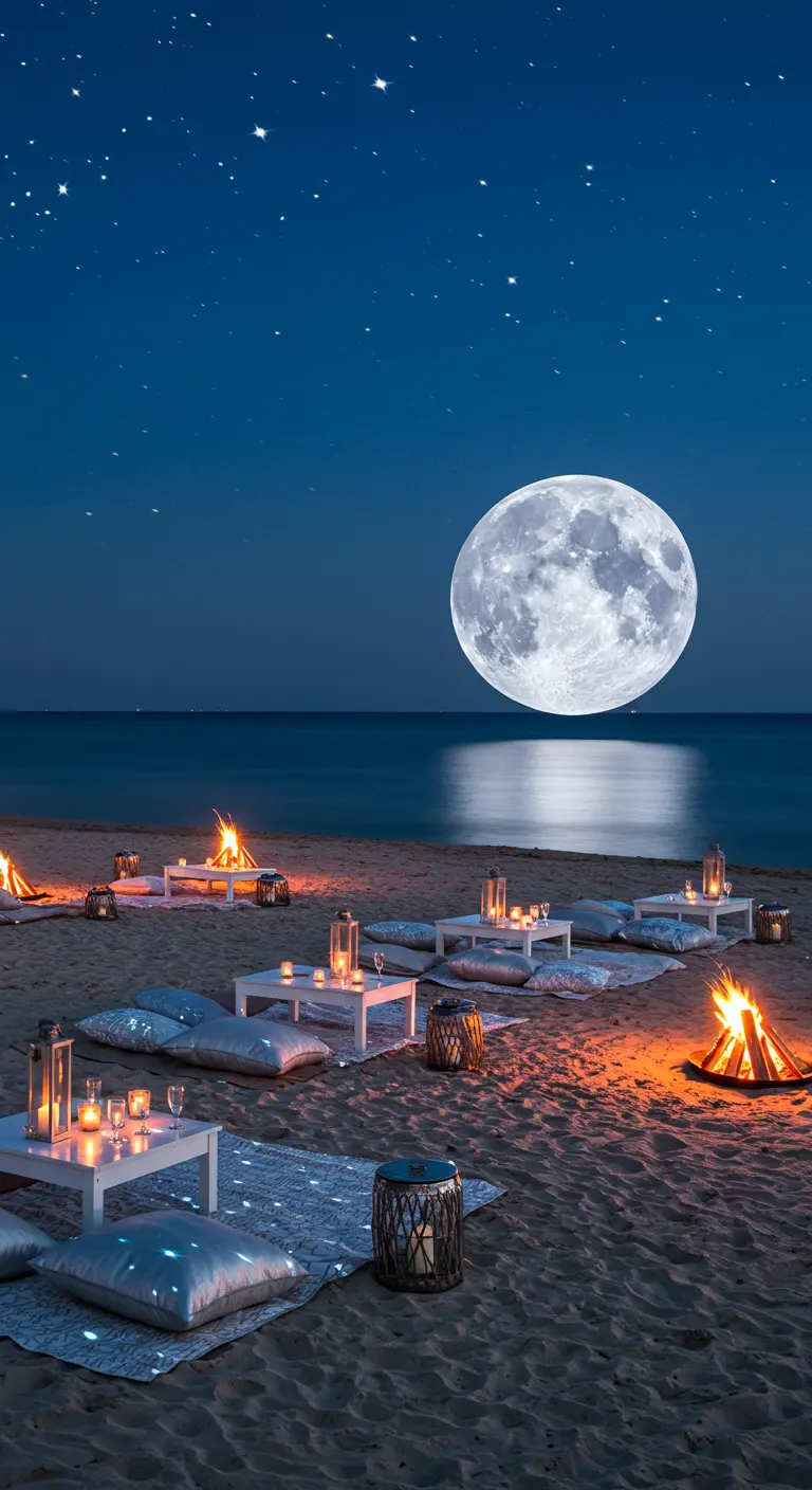 Plage la nuit avec projection d'une immense lune, salons bas, feux de camp et étoiles.