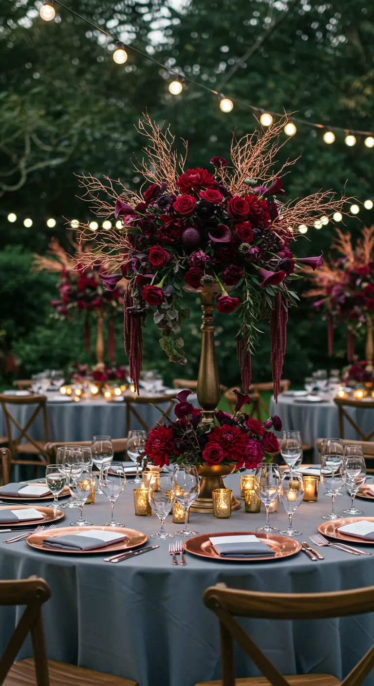Table de mariage en extérieur décorée de centres de table opulents de fleurs rouges sombres, branches dorées et bougies.