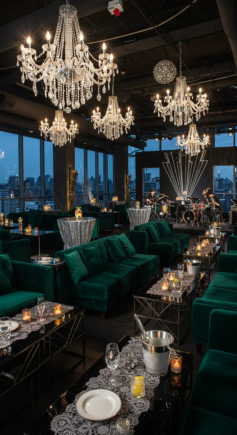 Salon de bar chic avec canapés en velours vert, tables noires, chemins de table en dentelle et grands lustres.