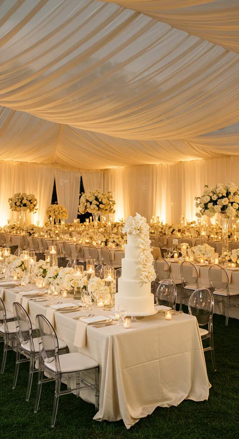 Grande tente de réception monochrome crème avec de longues tables, lustres, bougies et gâteau.