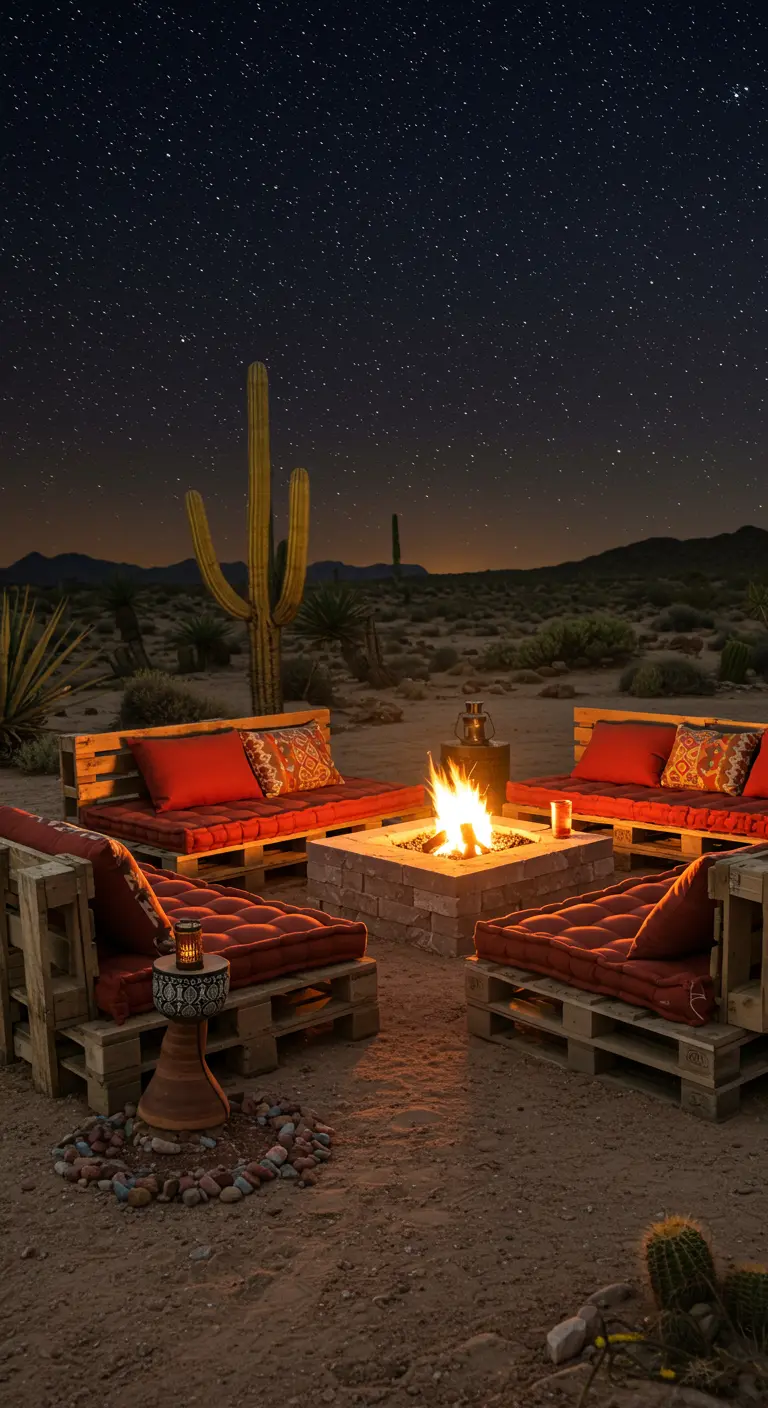 Salon en palettes avec coussins rouges autour d'un foyer en pierre, sous un ciel étoilé du désert.