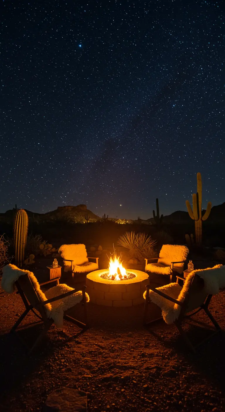 Coin feu dans le désert sous un ciel étoilé avec brasero, chaises en bois et fausse fourrure, cactus.