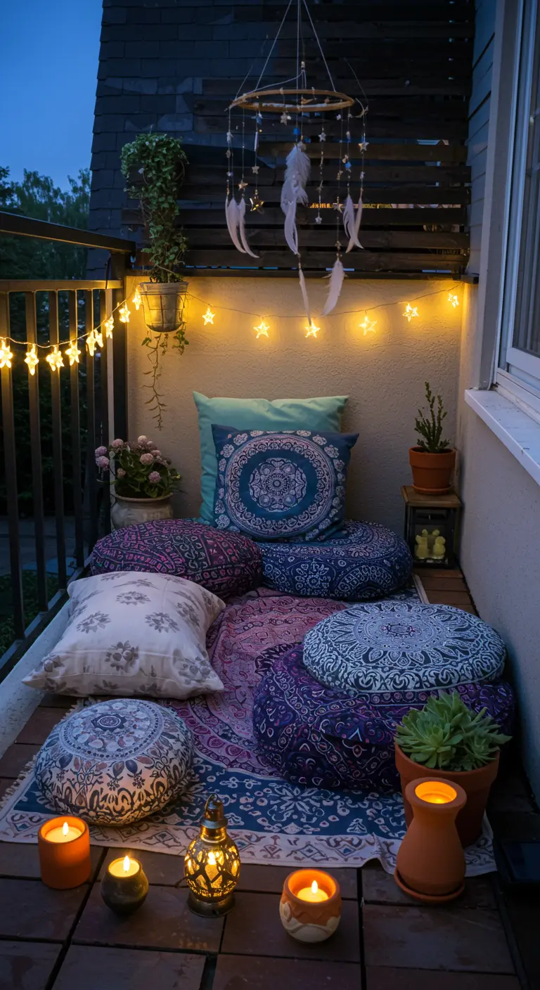 Balcon nocturne avec coussins mandalas, guirlande étoiles, attrape-rêves et bougies.