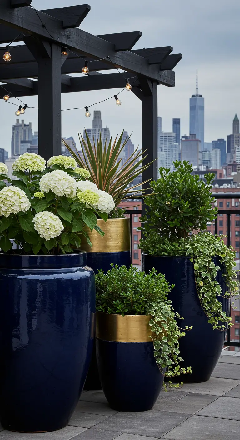 Toit-terrasse urbain avec des pots bleu nuit et or, et des plantes variées.