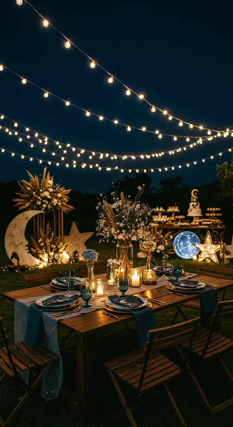Dîner extérieur de nuit, guirlandes lumineuses, décorations lune et étoiles, table rustique et vaisselle sombre.