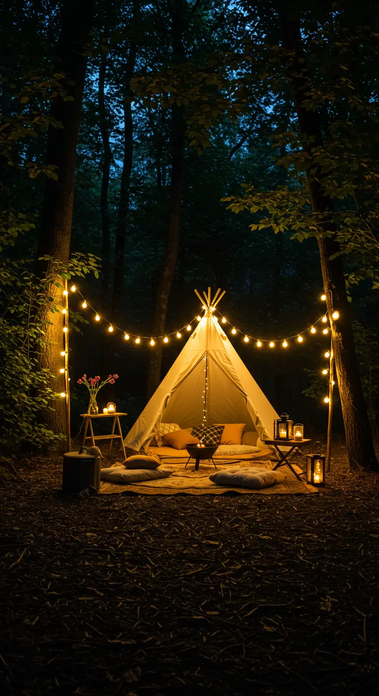Tipi illuminé par des guirlandes lumineuses suspendues entre les arbres dans une forêt sombre.