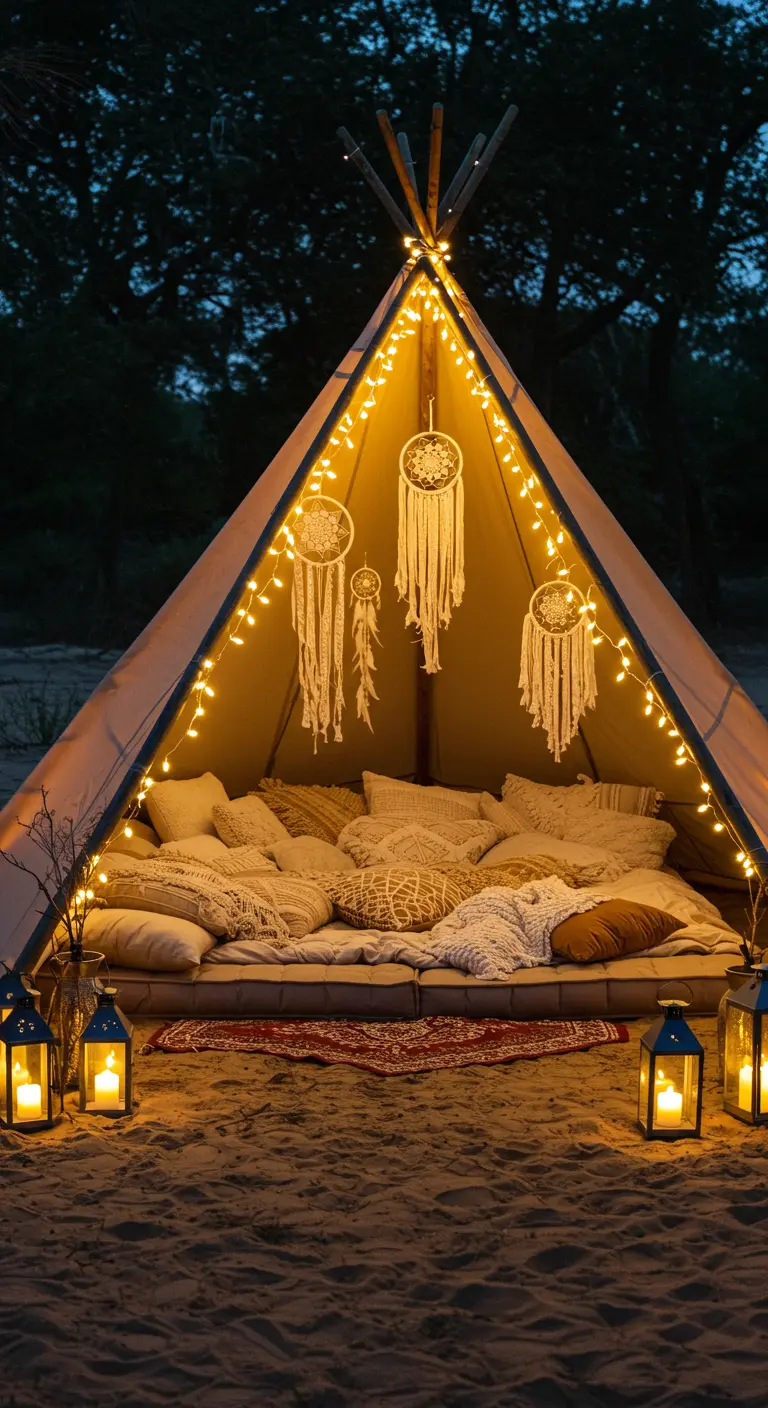 Tipi décoré de guirlandes lumineuses intérieures, attrape-rêves et lanternes à l'extérieur.