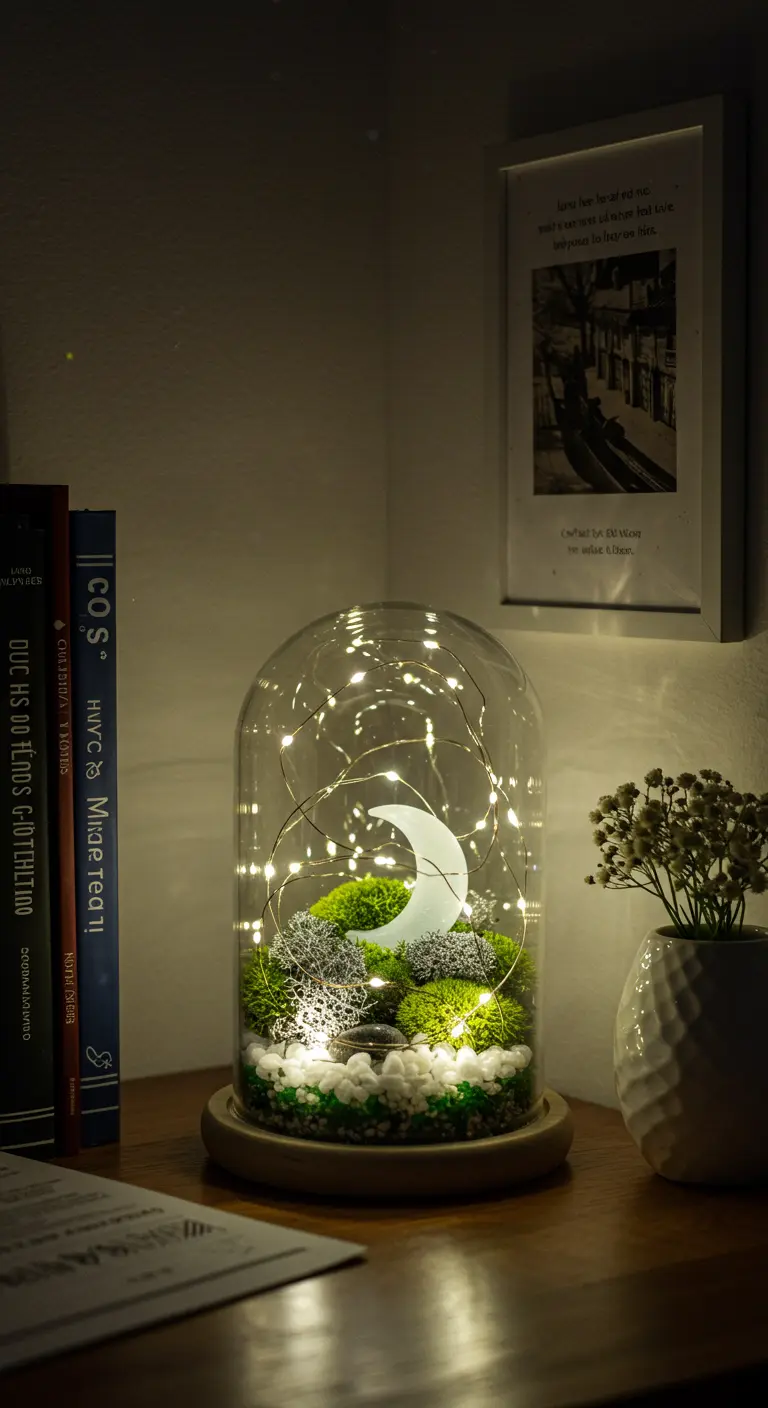 Terrarium sous cloche avec mousse, lune miniature et guirlande lumineuse LED, créant une ambiance étoilée.