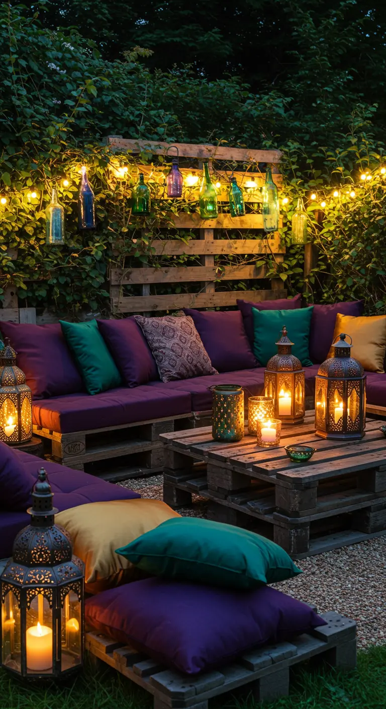 Salon de jardin palettes brutes, coussins violets/verts, lanternes orientales, guirlande bouteilles lumineuses.