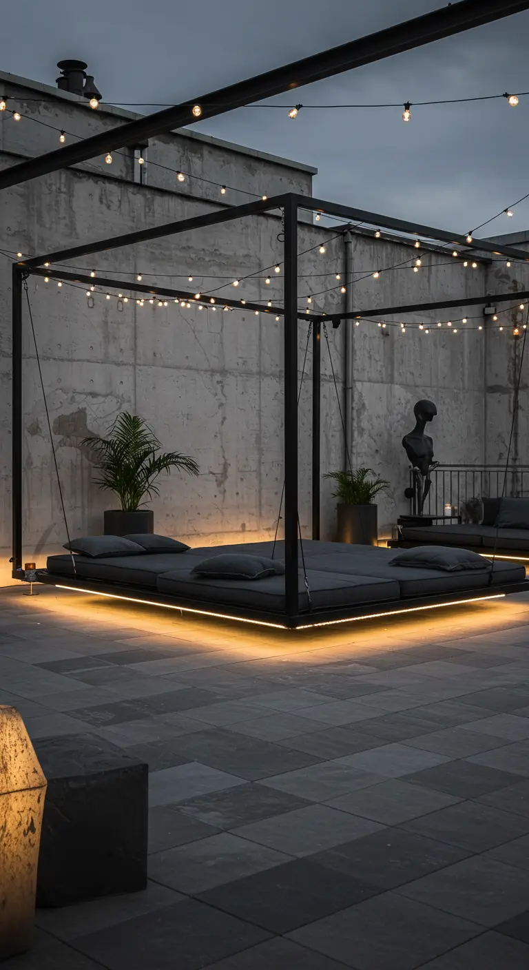 Un grand lit de jour suspendu en métal noir avec éclairage LED, décoré de guirlandes lumineuses sur un toit-terrasse.