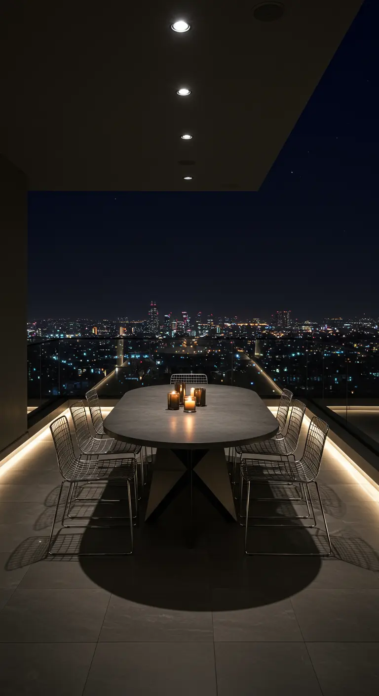 Table ovale en béton et chaises en acier filaire sur un balcon avec vue nocturne sur la ville.