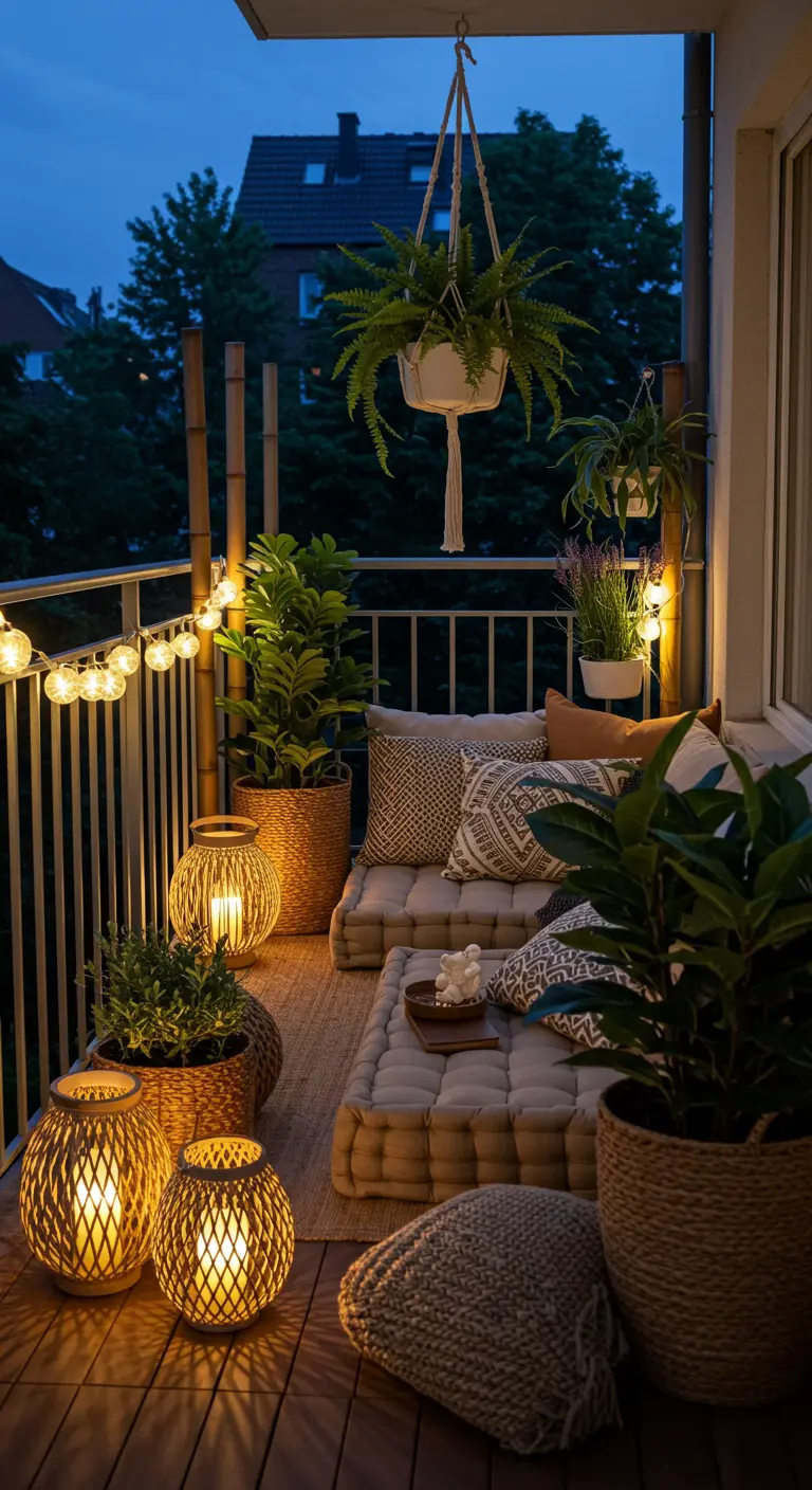 Balcon de nuit avec coussins, lanternes au sol, guirlandes lumineuses et plantes.