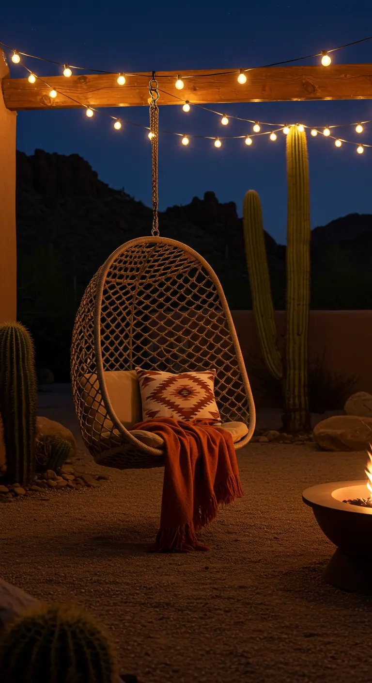 Fauteuil œuf en rotin dans un jardin désertique, près d'un feu de camp, avec cactus et guirlandes.