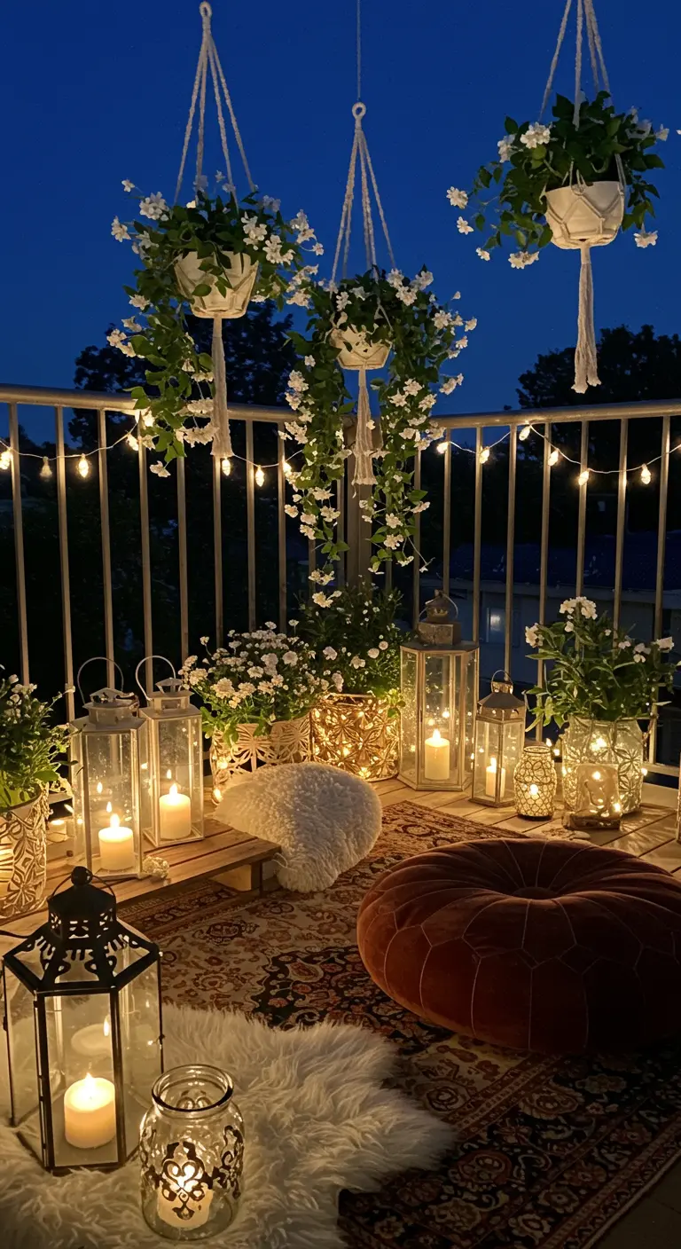 Balcon de nuit avec nombreuses lanternes, bougies et plantes blanches suspendues
