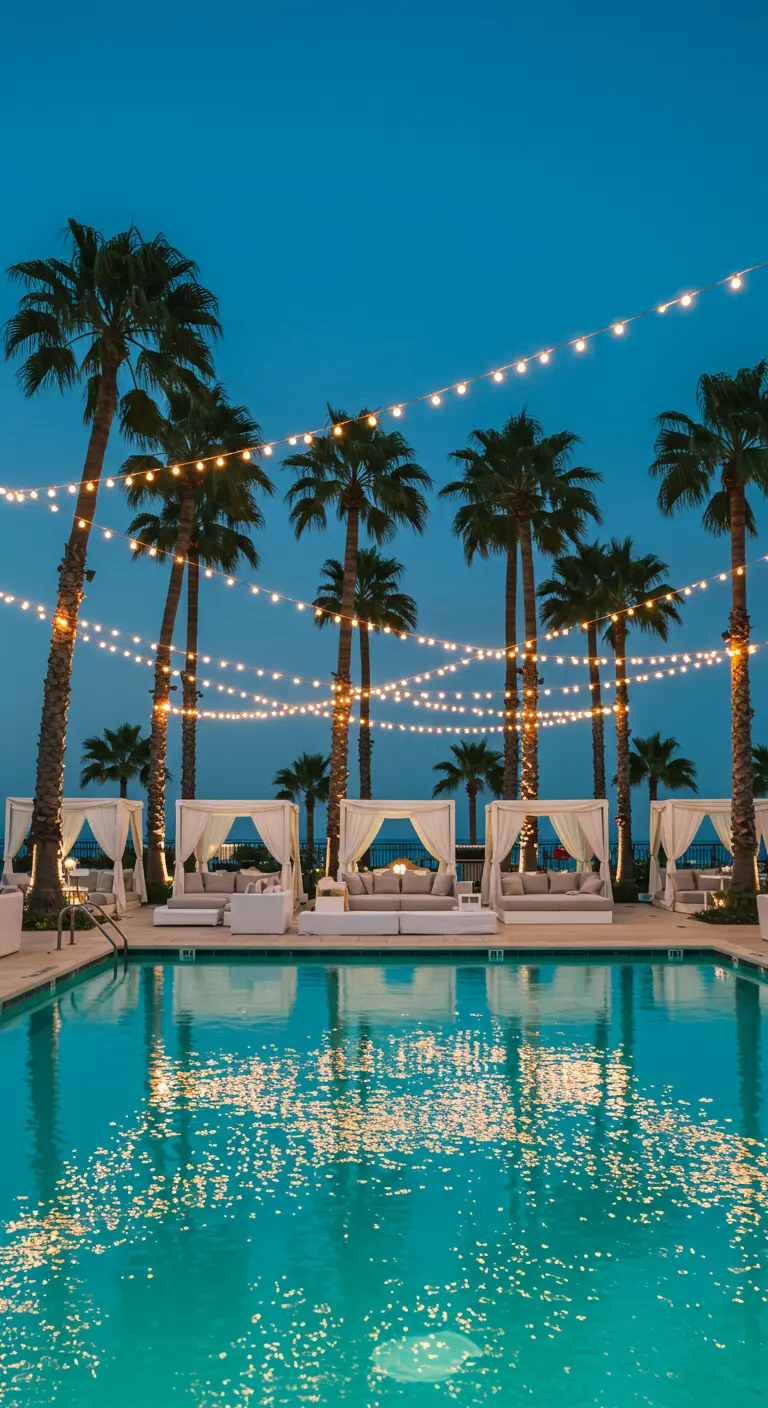 Piscine de nuit avec palmiers, guirlandes lumineuses suspendues et cabanas blanches éclairées.