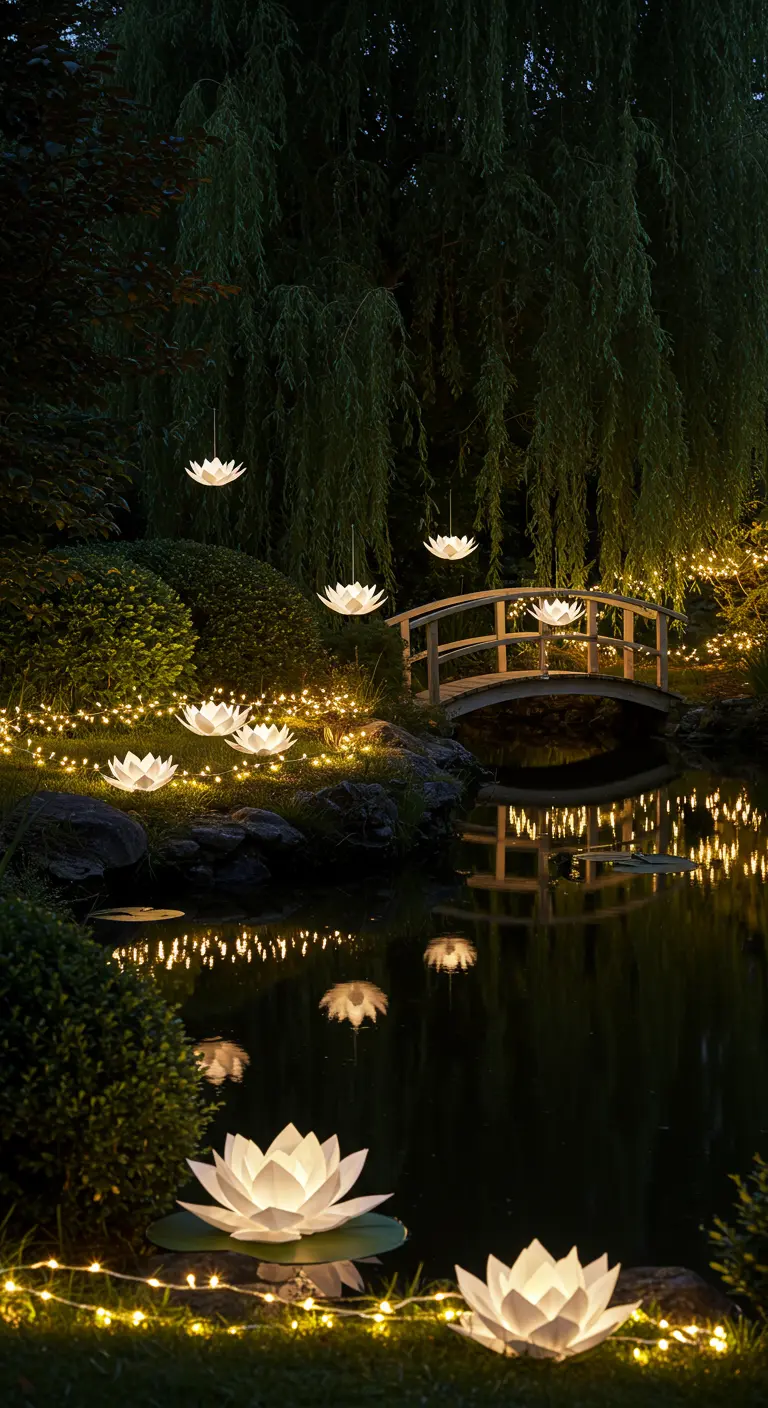 Jardin magique avec étang, pont, saules pleureurs, lotus lumineux flottants et guirlandes LED au sol.