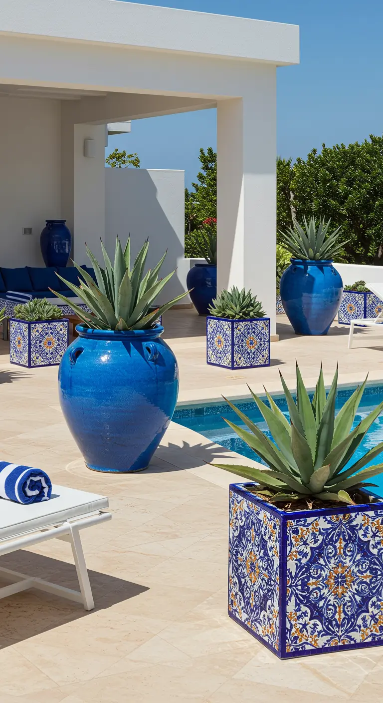 Piscine entourée de grands pots bleus et de jardinières en mosaïque avec des agaves.