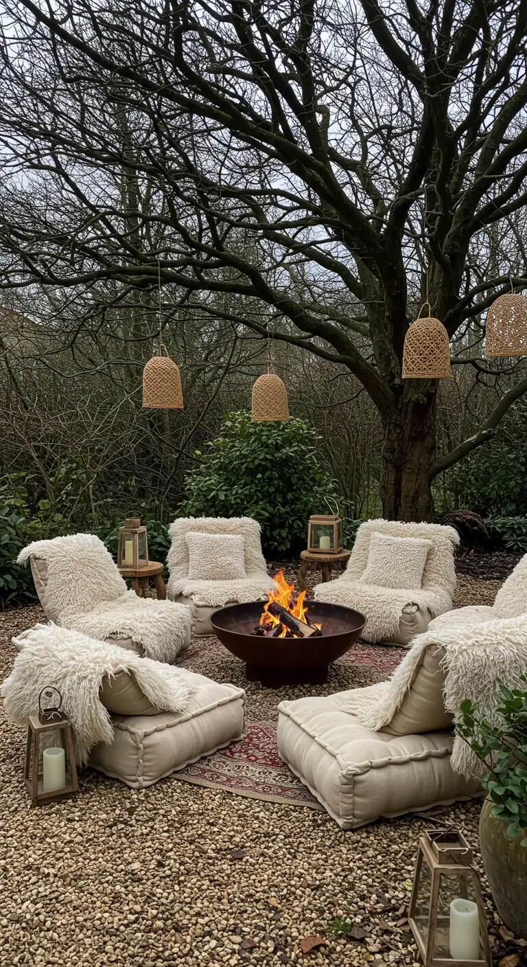 Coin lounge bohème en extérieur avec brasero, coussins de sol, plaids en fourrure et suspensions en osier.