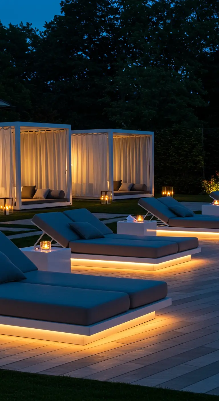 Espace lounge extérieur avec lits de jour éclairés par LED sous les bases, au bord d'une piscine.