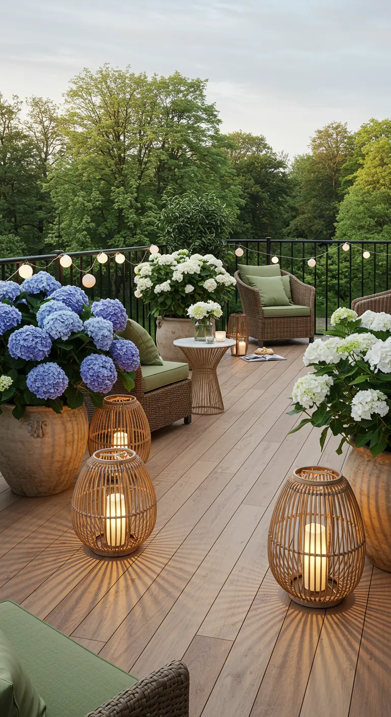 Grande terrasse avec hortensias bleus, fauteuils en rotin, lanternes bambou et guirlandes lumineuses.
