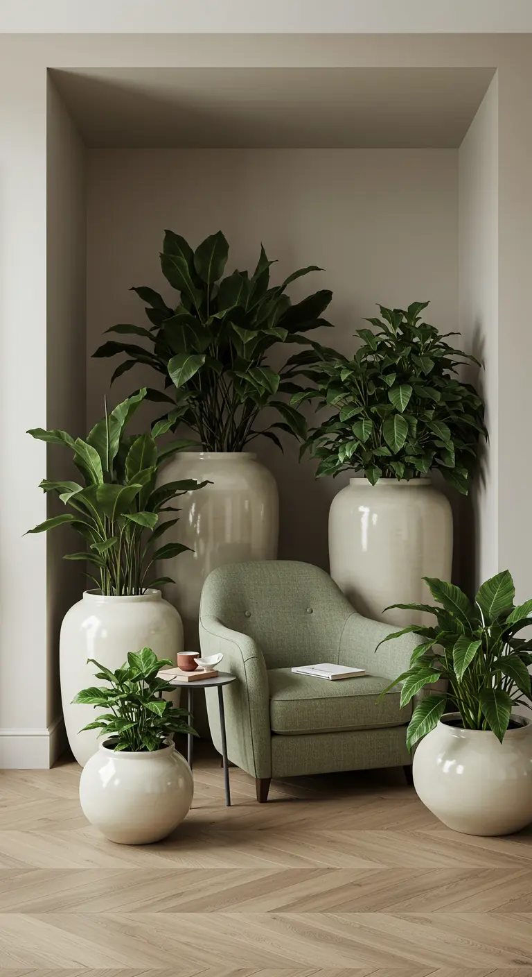 Fauteuil vert entouré de grands pots blancs brillants avec des plantes luxuriantes.