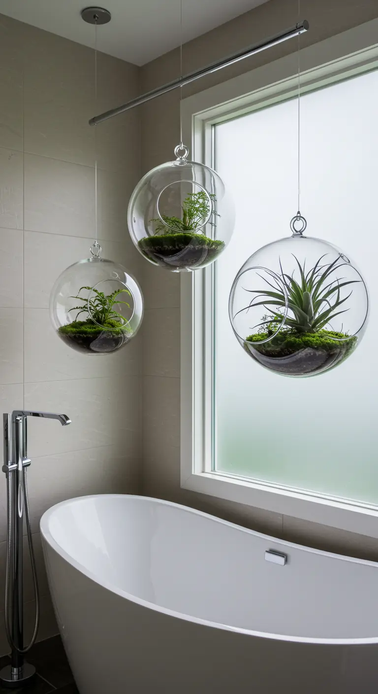 Trois terrariums sphériques en verre avec Tillandsias et fougères suspendus devant une fenêtre de salle de bain au-dessus d'une baignoire.