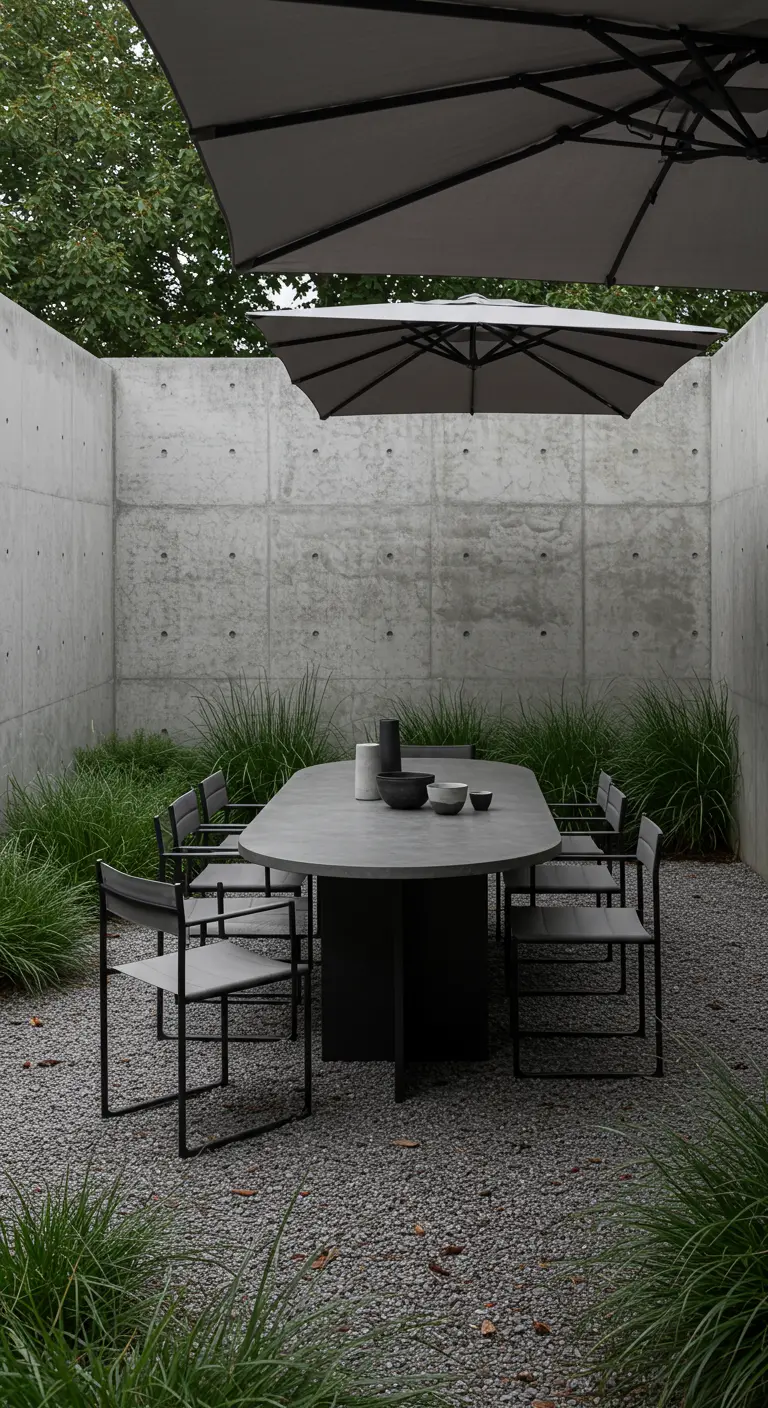 Table ovale en béton avec chaises en acier noir sur gravier, entourée d'herbes hautes.