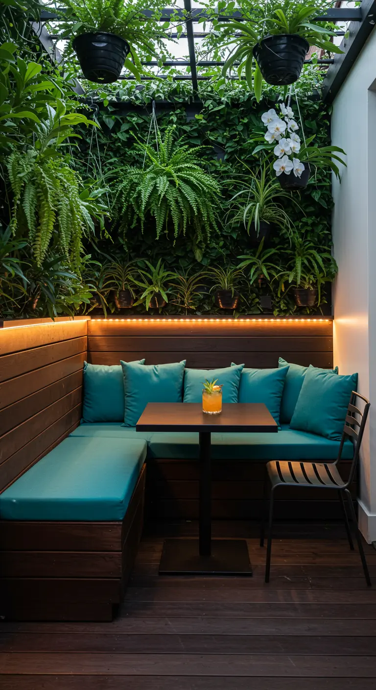 Patio tropical avec banquette en bois foncé, coussins turquoises, mur végétal luxuriant et fontaine murale.